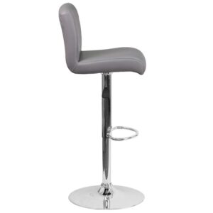 which is designed to remove pressure from the lower legs and improves circulation. The easy to clean vinyl upholstery is an added bonus when stool is used regularly. The height adjustable swivel seat adjusts from counter to bar height with the handle located below the seat. The chrome footrest supports your feet while also providing a contemporary chic design. To help protect your floors