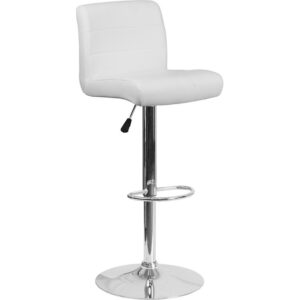 Come in and sit a while in this splendid white adjustable height barstool with exposed embellished stitching on the back. This stylish stool provides added comfort with the waterfall front seat