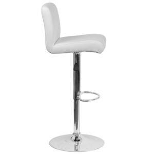 which is designed to remove pressure from the lower legs and improve circulation. The easy to clean vinyl upholstery is an added bonus when stool is used regularly. The height adjustable swivel seat adjusts from counter to bar height with the handle located below the seat. The chrome footrest supports your feet while also providing a contemporary chic design. To help protect your floors