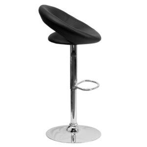 black orbit-style back adjustable height bar stool. The forward thinking design and curvy silhouette make this adjustable stool a perfect complement to any room. The orbit shaped back support and round seat of this dual use stool is upholstered in a durable