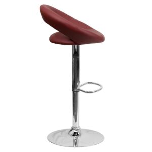 burgundy orbit-style back adjustable height bar stool. The forward thinking design and curvy silhouette make this adjustable stool a perfect complement to any room. The orbit shaped back support and round seat of this dual use stool is upholstered in a durable