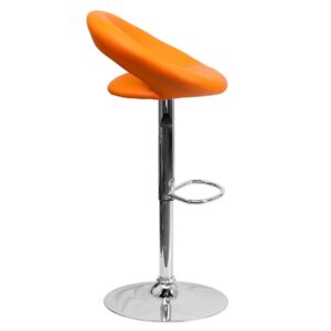 orange orbit-style back adjustable height bar stool. The forward thinking design and curvy silhouette make this adjustable stool a perfect complement to any room. The orbit shaped back support and round seat of this dual use stool is upholstered in a durable