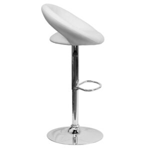 white orbit-style back adjustable height bar stool. The forward thinking design and curvy silhouette make this adjustable stool a perfect complement to any room. The orbit shaped back support and round seat of this dual use stool is upholstered in a durable
