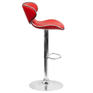 attractive piece you will ever buy with its ergonomically curved seat and back. The mid-back design will allow you to relax your back. The easy to clean vinyl upholstery is perfect when being used on a regular basis. The height adjustable swivel seat adjusts from counter to bar height with the handle located below the seat. The chrome footrest supports your feet and relieves pressure from your legs while also providing a contemporary chic design. To help protect your floors