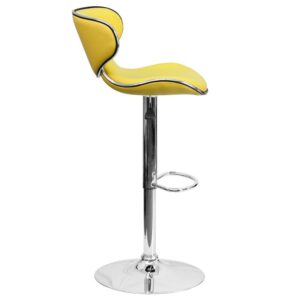 attractive piece you will ever buy with its ergonomically curved seat and back. The mid-back design will allow you to relax your back. The easy to clean vinyl upholstery is perfect when being used on a regular basis. The height adjustable swivel seat adjusts from counter to bar height with the handle located below the seat. The chrome footrest supports your feet and relieves pressure from your legs while also providing a contemporary chic design. To help protect your floors