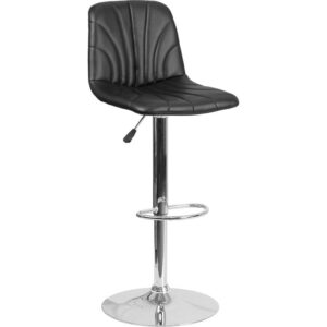 Curved quilted details and a contemporary style make this black vinyl adjustable barstool a sophisticated addition to your kitchen or casual dining area. Exposed embellished line stitching throughout the upholstery gives this stool a stylish look that stands out. The height adjustable swivel seat adjusts from counter to bar height with the handle located below the seat. The chrome footrest supports your feet