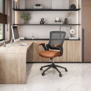 lightweight and brings a modern look to any work environment. It features a breathable black mesh mid-back & brown TechniFlex upholstered padded arms & seat.  The pneumatic seat height adjustment and a reclining back with a tilt tension control knob will keep you confortable during those long working hours. The padded armrest can be height adjusted to fit under a table top.  The durable nylon base sits atop non-marking casters. Chair holds up to 200lbs. Color: Brown