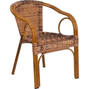 Add pizzazz to your indoor or outdoor space with this lovely crafted chair! This chair features a lightweight aluminum frame that replicates the look of bamboo with skillfully woven rattan seating. The curved back along with the rattan seating assists in keeping you comfortable. Cross braces provide extra stability. The protective plastic feet prevent damage to flooring. The frame is designed for all-weather use making it a great option for indoor and outdoor settings. For longevity