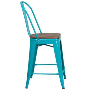 Bistro style counter stool will give your dining room or bar decor a refreshing rustic feel with its metal and wood features. This stylish metal stool features a curved back with a vertical slat and a cross brace under the seat for added support and stability. A wood seat adds comfort and beauty. The lower support brace doubles as a footrest