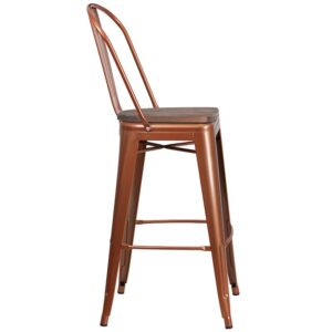 Bistro style bar stool will give your dining room or bar decor a refreshing rustic feel with its metal and wood features. This stylish metal stool features a curved back with a vertical slat and a cross brace under the seat for added support and stability. A wood seat adds comfort and beauty. The lower support brace doubles as a footrest