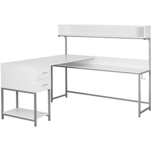 Transform your work area with this large industrial-style L-shaped workstation with hutch that combines a spacious desktop with under-desk shelf and storage. The engineered wood finish in vintage white tone and powder-coated steel frame ensures stability and durability. The extra side shelf
