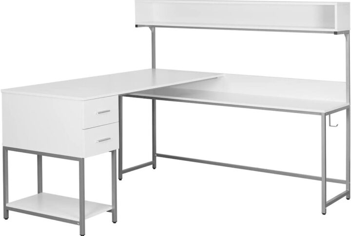Transform your work area with this large industrial-style L-shaped workstation with hutch that combines a spacious desktop with under-desk shelf and storage. The engineered wood finish in vintage white tone and powder-coated steel frame ensures stability and durability. The extra side shelf