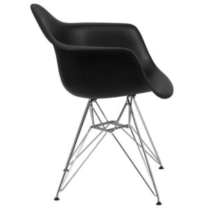 gentle curves provide style and conforms to your body allowing you to sit comfortably. The durable matte plastic molded chair and geometric chrome base add an artistic appeal. You can instantly modernize your living room