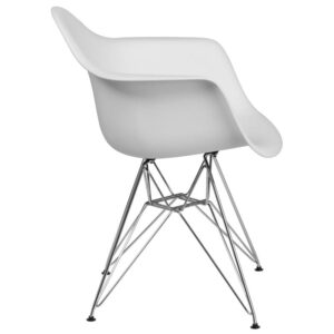 gentle curves provide style and conforms to your body allowing you to sit comfortably. The durable matte plastic molded chair and geometric chrome base add an artistic appeal. You can instantly modernize your living room