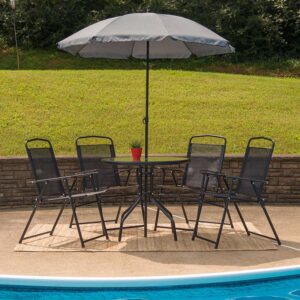 Take advantage of the nice weather and eat your meals on the patio on this stylish 6 piece patio garden table set with umbrella. If you want to relocate your seating to another location on the deck