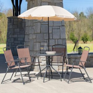 Take advantage of the nice weather and eat your meals on the patio on this stylish 6 piece patio garden table set with umbrella. If you want to relocate your seating to another location on the deck