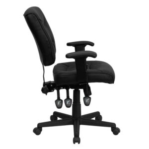 This multi-functional office chair will give you an edge on comfort with its design and adjusting capabilities. This chair features a comfortably padded seat and back with built-in lumbar support for long hour work days. A mid-back office chair offers support to the mid-to-upper back region. This chair is ideal for anyone who does a great deal of typing throughout the day and needs good back support. The locking back angle adjustment lever changes the angle of your torso to reduce disc pressure. The locking synchro tilt control allows the chair's back and seat to recline at different rates. The waterfall front seat edge removes pressure from the lower legs and improves circulation. Chair easily swivels 360 degrees to get the maximum use of your workspace. The pneumatic adjustment lever will allow you to easily adjust the seat. The adjustable armrests take the pressure off the shoulders and the neck.