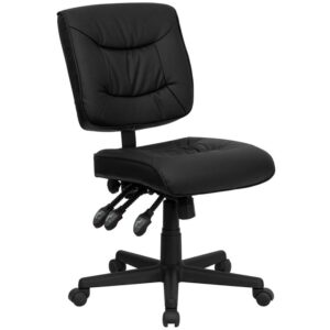 This multi-functional office chair will give you an edge on comfort with its design and adjusting capabilities. This chair features a comfortably padded seat and back with built-in lumbar support for long hour work days. A mid-back office chair offers support to the mid-to-upper back region. This chair is ideal for anyone who does a great deal of typing throughout the day and needs good back support. The locking back angle adjustment lever changes the angle of your torso to reduce disc pressure. The locking synchro tilt control allows the chair's back and seat to recline at different rates