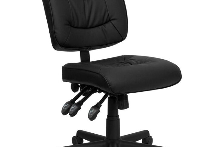This multi-functional office chair will give you an edge on comfort with its design and adjusting capabilities. This chair features a comfortably padded seat and back with built-in lumbar support for long hour work days. A mid-back office chair offers support to the mid-to-upper back region. This chair is ideal for anyone who does a great deal of typing throughout the day and needs good back support. The locking back angle adjustment lever changes the angle of your torso to reduce disc pressure. The locking synchro tilt control allows the chair's back and seat to recline at different rates