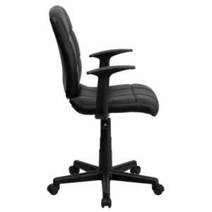 tufted black vinyl upholstery. The versatility of this chair can be used in several settings from the office to the receptionist's desk. A mid-back office chair offers support to the mid-to-upper back region. This chair is ideal for anyone who does a great deal of typing throughout the day and needs good back support. The waterfall front seat edge removes pressure from the lower legs and improves circulation. Chair easily swivels 360 degrees to get the maximum use of your workspace without strain. The pneumatic adjustment lever will allow you to easily adjust the seat to your desired height.