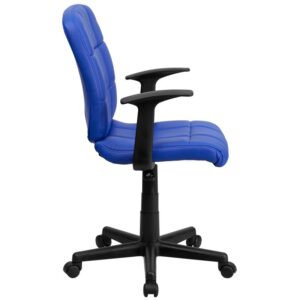 tufted blue vinyl upholstery. The versatility of this chair can be used in several settings from the office to the receptionist's desk. A mid-back office chair offers support to the mid-to-upper back region. This chair is ideal for anyone who does a great deal of typing throughout the day and needs good back support. The waterfall front seat edge removes pressure from the lower legs and improves circulation. Chair easily swivels 360 degrees to get the maximum use of your workspace without strain. The pneumatic adjustment lever will allow you to easily adjust the seat to your desired height.