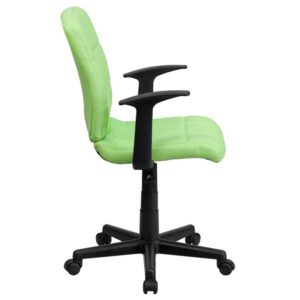 tufted green vinyl upholstery. The versatility of this chair can be used in several settings from the office to the receptionist's desk. A mid-back office chair offers support to the mid-to-upper back region. This chair is ideal for anyone who does a great deal of typing throughout the day and needs good back support. The waterfall front seat edge removes pressure from the lower legs and improves circulation. Chair easily swivels 360 degrees to get the maximum use of your workspace without strain. The pneumatic adjustment lever will allow you to easily adjust the seat to your desired height.