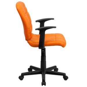 tufted orange vinyl upholstery. The versatility of this chair can be used in several settings from the office to the receptionist's desk. A mid-back office chair offers support to the mid-to-upper back region. This chair is ideal for anyone who does a great deal of typing throughout the day and needs good back support. The waterfall front seat edge removes pressure from the lower legs and improves circulation. Chair easily swivels 360 degrees to get the maximum use of your workspace without strain. The pneumatic adjustment lever will allow you to easily adjust the seat to your desired height.