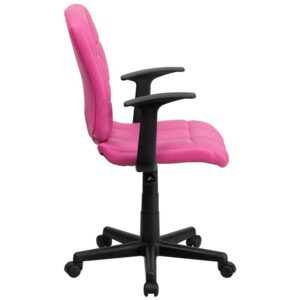 tufted pink vinyl upholstery. The versatility of this chair can be used in several settings from the office to the receptionist's desk. A mid-back office chair offers support to the mid-to-upper back region. This chair is ideal for anyone who does a great deal of typing throughout the day and needs good back support. The waterfall front seat edge removes pressure from the lower legs and improves circulation. Chair easily swivels 360 degrees to get the maximum use of your workspace without strain. The pneumatic adjustment lever will allow you to easily adjust the seat to your desired height.