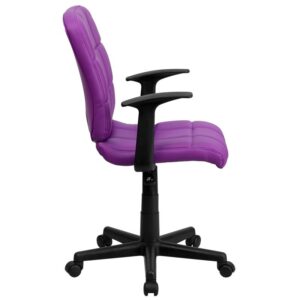 tufted purple vinyl upholstery. The versatility of this chair can be used in several settings from the office to the receptionist's desk. A mid-back office chair offers support to the mid-to-upper back region. This chair is ideal for anyone who does a great deal of typing throughout the day and needs good back support. The waterfall front seat edge removes pressure from the lower legs and improves circulation. Chair easily swivels 360 degrees to get the maximum use of your workspace without strain. The pneumatic adjustment lever will allow you to easily adjust the seat to your desired height.