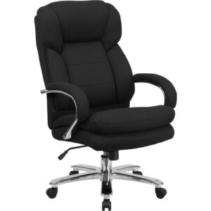 This Big & Tall Executive Office Chair is an ideal chair for larger and taller professionals who spend long hours sitting behind a desk. An extended upper back with integrated headrest and built-in lumbar support reinforces healthy posture. The 22" wide swivel seat is double padded with 4" of foam. Raise or lower the seat using the pneumatic height adjustment lever for a custom fit. Generously padded loop arms reduce pressure on the shoulders and neck providing additional comfort. Turn the tilt tension adjustment knob to increase or decrease the amount of force needed to rock or recline and lock the seat in place with the tilt lock mechanism. This sturdy chair has a heavy duty chrome base