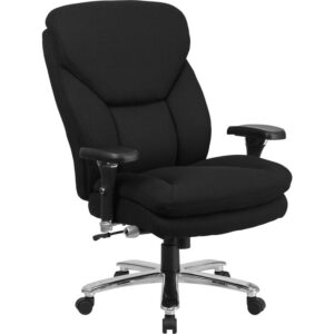 This Big & Tall Executive Office Chair is an ideal chair for larger and taller professionals who spend long hours sitting behind a desk. An extended upper back with integrated headrest and lumbar knob reinforces healthy posture. The 25" wide swivel seat is double padded with 4" of foam. Raise or lower the seat using the pneumatic height adjustment lever for a custom fit. Generously padded loop arms reduce pressure on the shoulders and neck providing additional comfort. Turn the tilt tension adjustment knob to increase or decrease the amount of force needed to rock or recline and lock the seat in place with the tilt lock mechanism. This sturdy chair has a heavy duty chrome base
