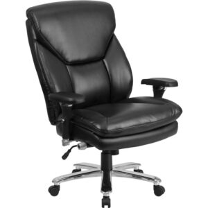 This Big & Tall LeatherSoft Executive Office Chair is an ideal chair for larger and taller professionals who spend long hours sitting behind a desk. An extended upper back with integrated headrest and lumbar knob reinforces healthy posture. The 25" wide swivel seat is double padded with 4" of foam. LeatherSoft is leather and polyurethane for added softness and durability. Raise or lower the seat using the pneumatic height adjustment lever for a custom fit. Generously padded loop arms reduce pressure on the shoulders and neck providing additional comfort. Turn the tilt tension adjustment knob to increase or decrease the amount of force needed to rock or recline and lock the seat in place with the tilt lock mechanism. This sturdy chair has a heavy duty chrome base