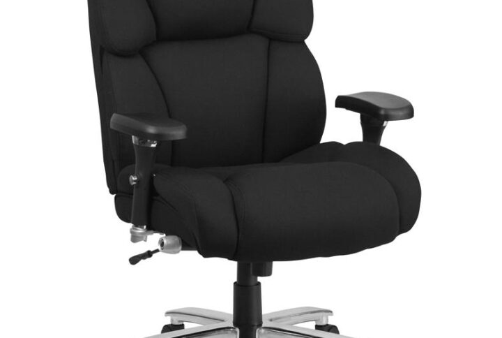 This Big & Tall Executive Office Chair is an ideal chair for larger and taller professionals who spend long hours sitting behind a desk. An extended upper back with integrated headrest and lumbar knob reinforces healthy posture. The 24" wide swivel seat is double padded with 4" of foam. Raise or lower the seat using the pneumatic height adjustment lever for a custom fit. Generously padded loop arms reduce pressure on the shoulders and neck providing additional comfort. Turn the tilt tension adjustment knob to increase or decrease the amount of force needed to rock or recline and lock the seat in place with the tilt lock mechanism. This sturdy chair has a heavy duty chrome base
