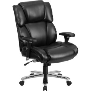 This Big & Tall LeatherSoft Executive Office Chair is an ideal chair for larger and taller professionals who spend long hours sitting behind a desk. An extended upper back with integrated headrest and lumbar knob reinforces healthy posture. The 24" wide swivel seat is double padded with 4" of foam. LeatherSoft is leather and polyurethane for added softness and durability. Raise or lower the seat using the pneumatic height adjustment lever for a custom fit. Generously padded loop arms reduce pressure on the shoulders and neck providing additional comfort. Turn the tilt tension adjustment knob to increase or decrease the amount of force needed to rock or recline and lock the seat in place with the tilt lock mechanism. This sturdy chair has a heavy duty chrome base