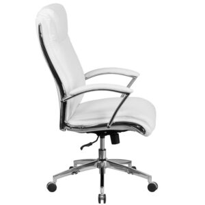 this high-back LeatherSoft office chair is the perfect seating solution for your workspace. Crafted from white LeatherSoft material with chrome arms and a chrome base
