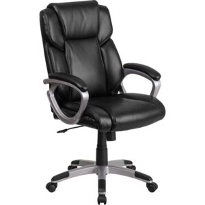 When impeccable form follows precise function the result is this black executive LeatherSoft office chair that offers a stylish appearance as well as custom comfort. The mid-back design provides support to the mid-to-upper back region. LeatherSoft is leather and polyurethane for added Softness and Durability. Turn the tilt tension adjustment knob to increase or decrease the amount of force needed to rock or recline. Lock the seat in place with the tilt lock mechanism. The waterfall front seat edge removes pressure from the lower legs and improves circulation. Chair easily swivels 360 degrees to get the maximum use of your workspace without strain. The pneumatic adjustment lever will allow you to easily adjust the seat to your desired height. The silver nylon base with black caps prevents feet from slipping when resting on chairs base. This chair will be an outstanding work from home or office chair.