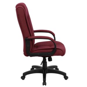 this executive swivel office chair is just what you need. Featuring burgundy fabric upholstery