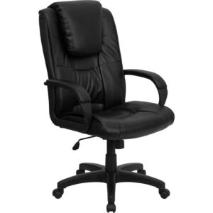 This black LeatherSoft executive office chair is truly unique with an oversized headrest that can be customized! This chair is the premier choice for anyone seeking an attractive and comfortable chair at an affordable price. Having the support of an ergonomic office chair may help promote good posture and reduce future back problems or pain. High back office chairs have backs extending to the upper back for greater support. The high back design relieves tension in the lower back