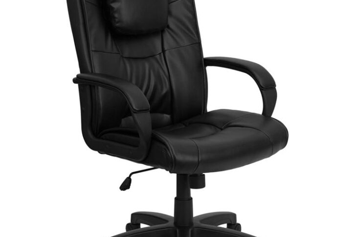 This black LeatherSoft executive office chair is truly unique with an oversized headrest that can be customized! This chair is the premier choice for anyone seeking an attractive and comfortable chair at an affordable price. Having the support of an ergonomic office chair may help promote good posture and reduce future back problems or pain. High back office chairs have backs extending to the upper back for greater support. The high back design relieves tension in the lower back