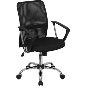 This comfortably designed chair features a contoured padded seat and a curved mesh back that cradles user's back. Mesh office chairs can keep you more productive throughout your work day with its comfort and ventilated design. The breathable mesh material allows air to circulate to keep you cool while sitting. The mid-back design offers support to the mid-to-upper back region. Chair easily swivels 360 degrees to get the maximum use of your workspace without strain. The pneumatic adjustment lever will allow you to easily adjust the seat to your desired height. The chrome base adds a stylish look to complement a contemporary office space.