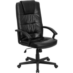 This office chair provides an inviting appearance with attractive upholstery gathering on the seat and back cushions. High back office chairs have backs extending to the upper back for greater support. The high back design relieves tension in the lower back