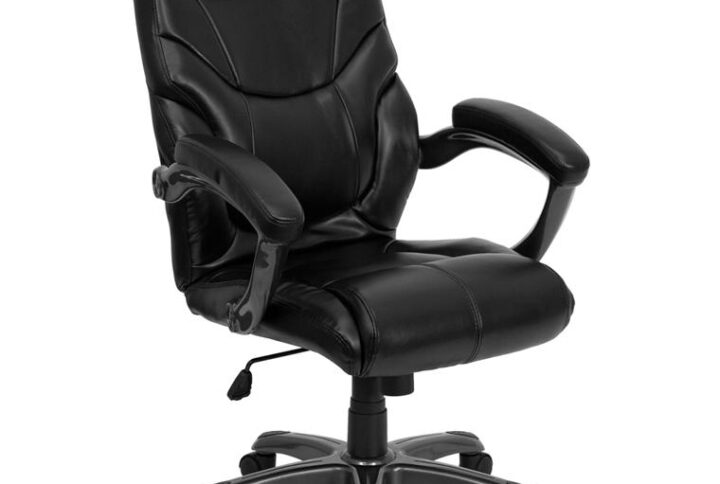 This attractively designed black LeatherSoft office chair provides a professional appearance to complement your office or home. This chair features an ergonomically contoured back and seat and arms that are comfortably padded. High back office chairs have backs extending to the upper back for greater support. The high back design relieves tension in the lower back