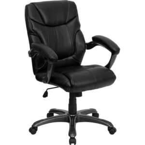This attractively designed office chair featuring soft and durable LeatherSoft upholstery provides a professional appearance to complement your office or home. This chair features an ergonomically contoured back and seat and arms that are comfortably padded. Mid-back office chairs are the logical choice for performing an array of tasks. A mid-back office chair offers support to the mid-to-upper back region. This chair is ideal for anyone who does a great deal of typing throughout the day and needs good back support. The waterfall front seat edge removes pressure from the lower legs and improves circulation. Chair easily swivels 360 degrees to get the maximum use of your workspace without strain. The pneumatic adjustment lever will allow you to easily adjust the seat to your desired height. The glossy smoke metal base with black caps prevents feet from slipping when resting on chair's base.