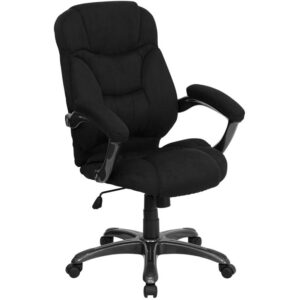 This gracefully designed chair features black microfiber upholstery to comfortably get you through your work day or to keep you comfortable while browsing the internet. This chair features an ergonomically contoured back and seat and arms that are comfortably padded. High back office chairs extend to the upper back for greater support and relieve tension in the lower back