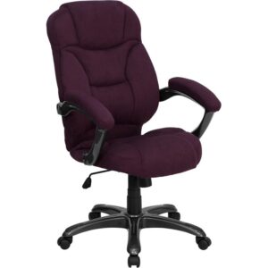 This gracefully designed chair features grape microfiber upholstery to comfortably get you through your work day or to keep you comfortable while browsing the internet. This chair features an ergonomically contoured back and seat and arms that are comfortably padded. High back office chairs extend to the upper back for greater support and relieve tension in the lower back