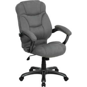 This gracefully designed chair features gray microfiber upholstery to comfortably get you through your work day or to keep you comfortable while browsing the internet. This chair features an ergonomically contoured back and seat and arms that are comfortably padded. High back office chairs extend to the upper back for greater support and relieve tension in the lower back