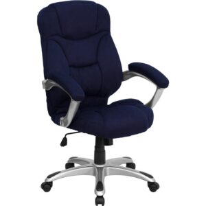 This gracefully designed chair features navy blue microfiber upholstery to comfortably get you through your work day or to keep you comfortable while browsing the internet. This chair features an ergonomically contoured back and seat and arms that are comfortably padded. High back office chairs extend to the upper back for greater support and relieve tension in the lower back