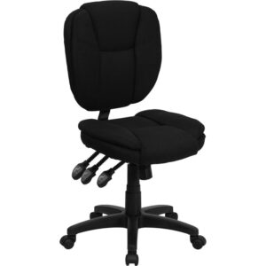 This amazing ergonomic task office chair featuring pillow top cushioning and multiple adjusting capabilities will keep you comfortable no matter your workload. This office chair boasts black fabric upholstery to keep you comfortable through your work day or while browsing the internet. The contoured seat dissipates pressure points for greater comfort. A mid-back office chair offers support to the mid-to-upper back region. The locking back angle adjustment lever changes the angle of your torso to reduce disc pressure. The locking synchro tilt control allows the chair's back and seat to recline at different rates