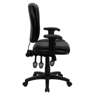 This multi-functional office chair will give you an edge on comfort with its design and adjusting capabilities. This office chair features soft LeatherSoft upholstery to comfortably get you through your work day or to keep you comfortable while browsing the internet. The contoured seat dissipates pressure points for greater comfort. A mid-back office chair offers support to the mid-to-upper back region. The locking back angle adjustment lever changes the angle of your torso to reduce disc pressure. The locking synchro tilt control allows the chair's back and seat to recline at different rates. The waterfall front seat edge removes pressure from the lower legs and improves circulation. Chair easily swivels 360 degrees to get the maximum use of your workspace without strain. The pneumatic adjustment lever will allow you to easily adjust the seat. The adjustable armrests take the pressure off the shoulders and the neck.