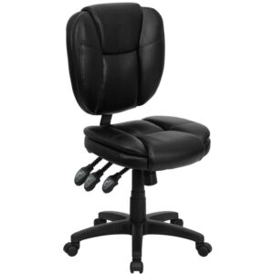 This amazing ergonomic task office chair featuring pillow top cushioning and multiple adjusting capabilities will keep you comfortable no matter your workload. This office chair boasts soft and durable black LeatherSoft upholstery to keep you comfortable through your work day or while browsing the internet. The contoured seat dissipates pressure points for greater comfort. A mid-back office chair offers support to the mid-to-upper back region. The locking back angle adjustment lever changes the angle of your torso to reduce disc pressure. The locking synchro tilt control allows the chair's back and seat to recline at different rates